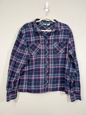 L.L.Bean Plaid Flannel Button-Up Shirt Purple Teal Outdoor 100% Cotton Women XL